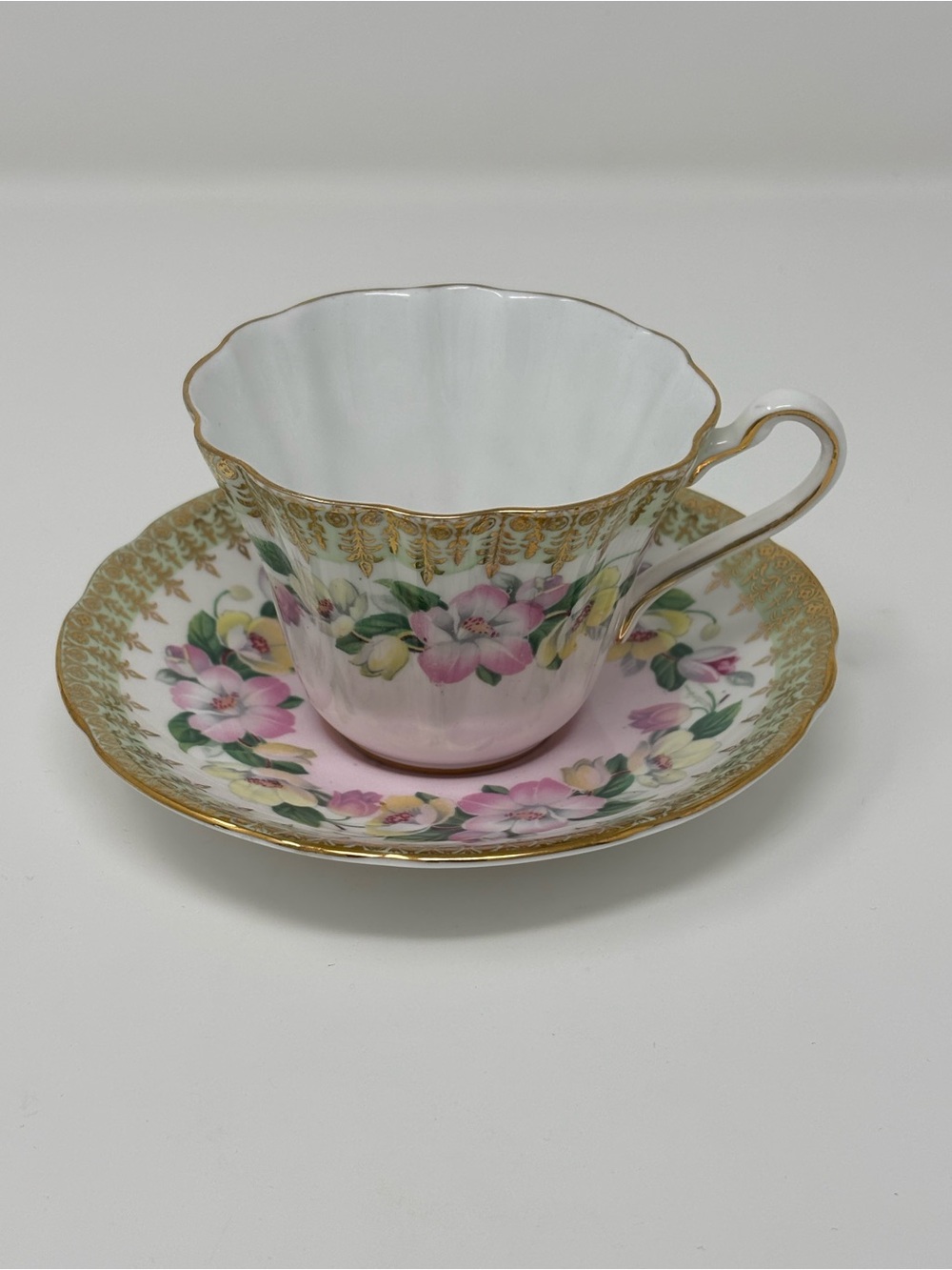 Royal Stafford "Lyringa" Teacup and Saucer Set Pink Floral Gold Trim